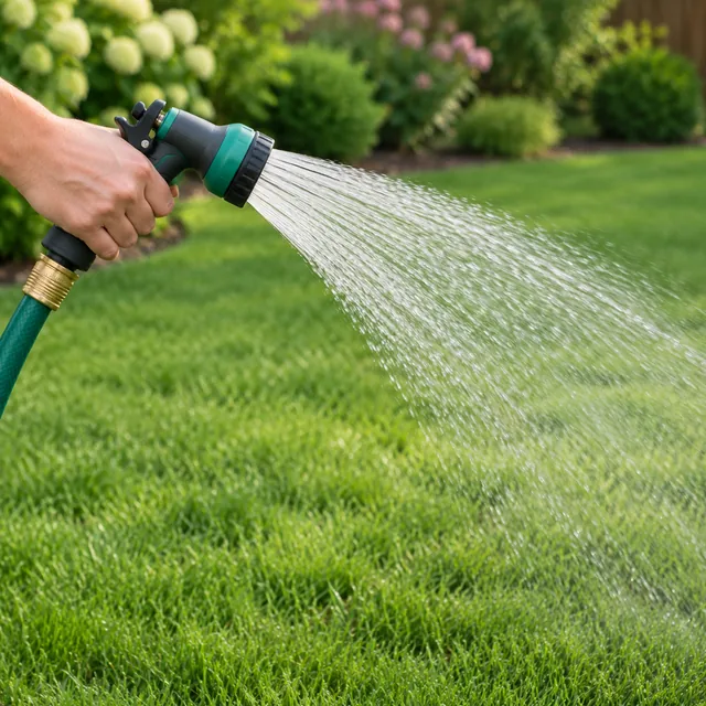 Garden hose nozzle spraying over a green lawn.