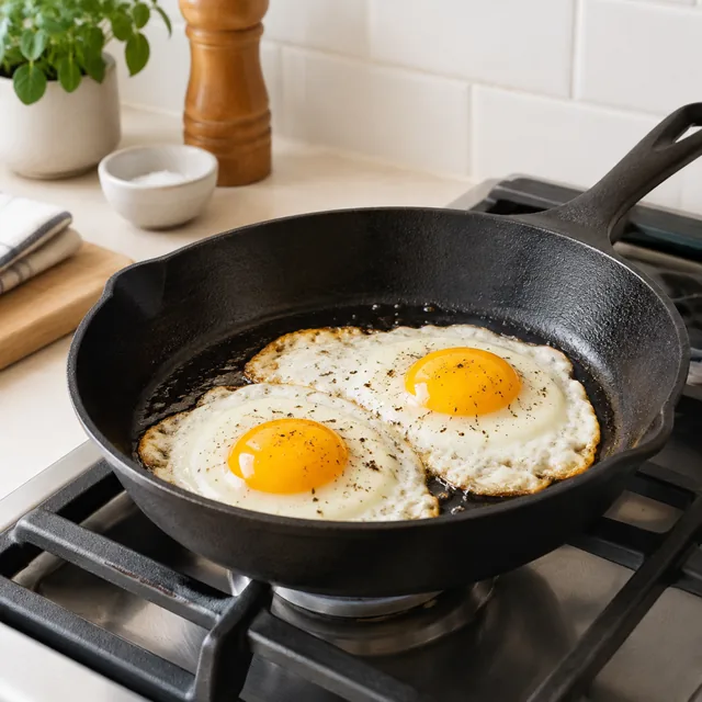 Cast-iron skillet with eggs on a stovetop.