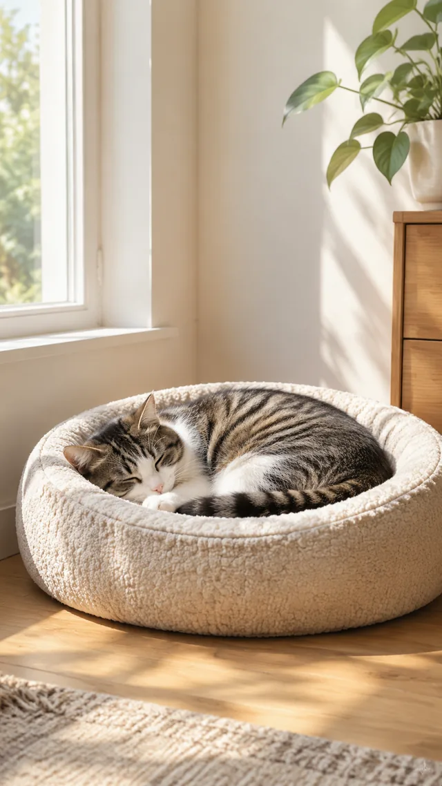 Cat asleep in a round pet bed in a sunny corner.