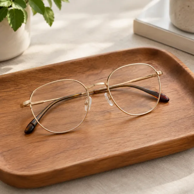 Gold-rim eyeglasses on a wooden tray.