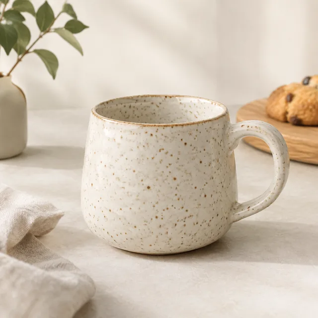 Speckled ceramic cup in a clean square frame.