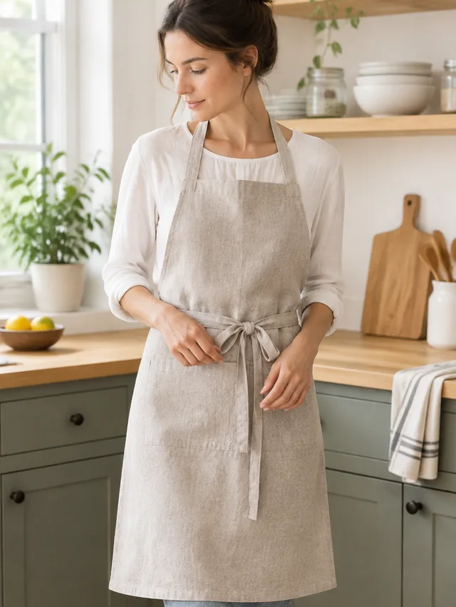 Linen apron worn in a home kitchen.