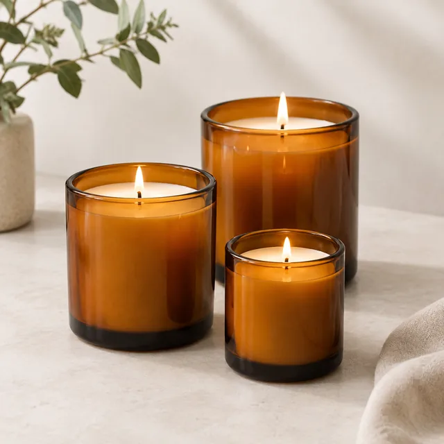 Three candles in amber glass for a collection tile.