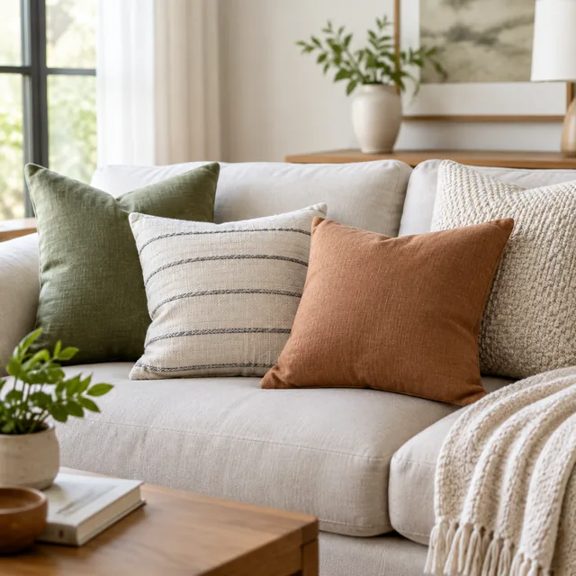 Throw pillows on a sofa for a collection header.