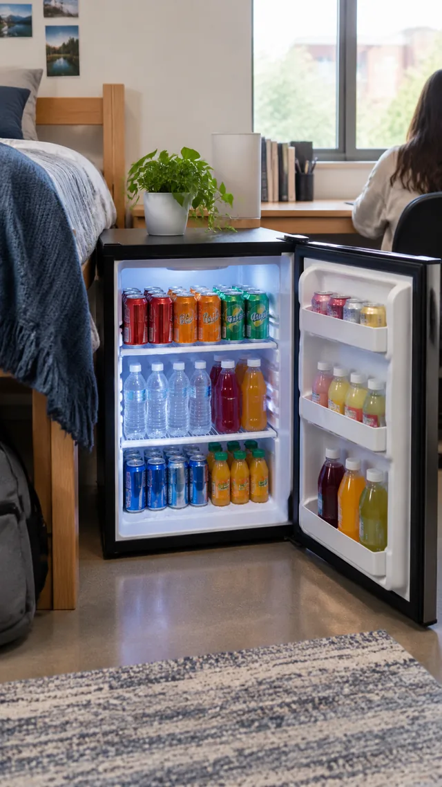 Mini fridge stocked with drinks in a dorm room.