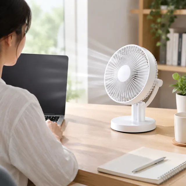 Desk fan switched on at a home office desk.