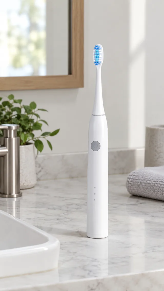 Electric toothbrush on a bathroom counter, vertical.