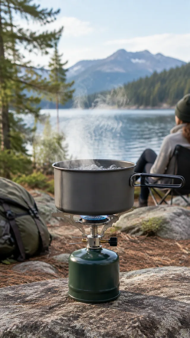 Camping stove boiling water at a campsite, vertical.