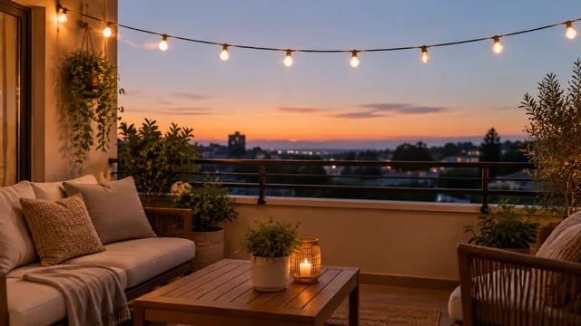 String lights switched on over a balcony at dusk.