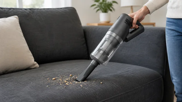 Cordless handheld vacuum lifting crumbs off a dark fabric sofa.