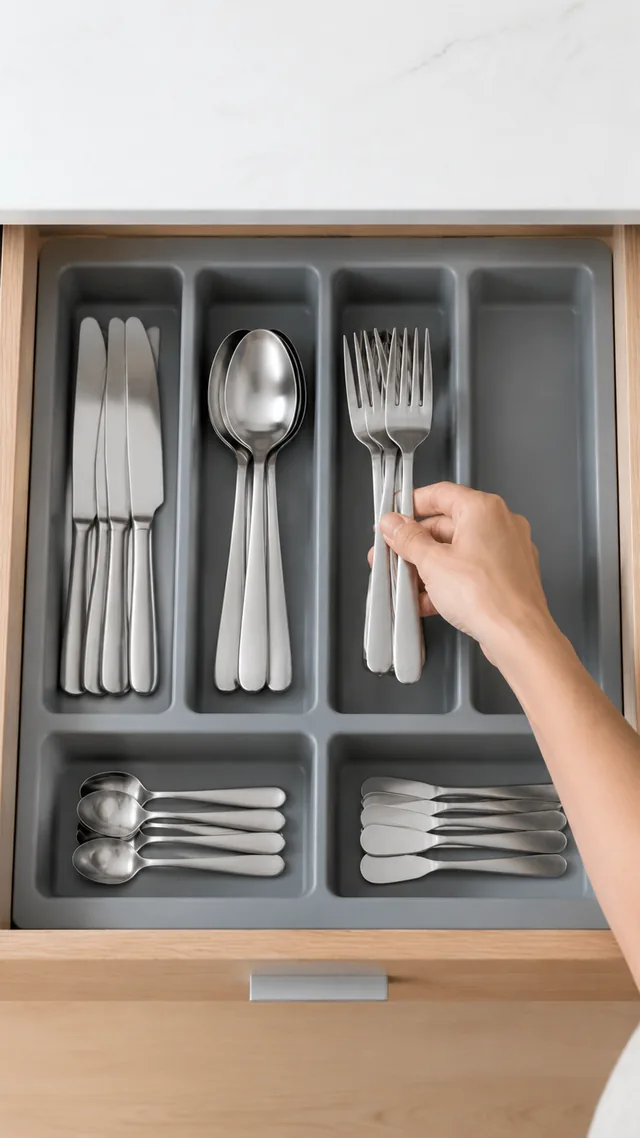 Top-down view of a drawer organizer being filled with cutlery, one slot at a time.