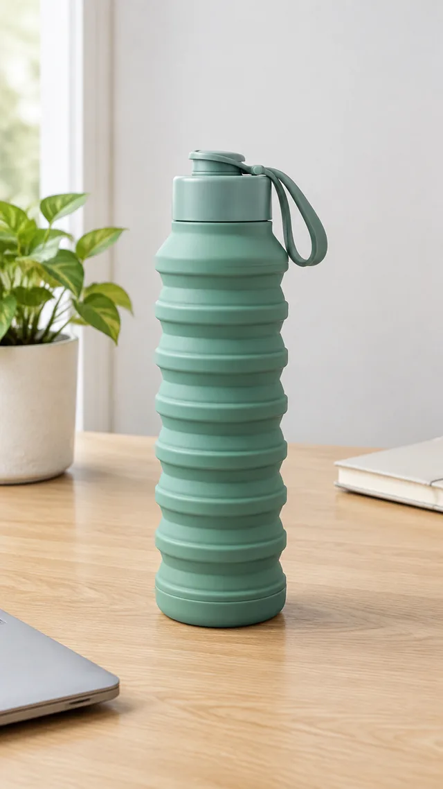 Collapsible silicone water bottle expanded to full size on a desk.