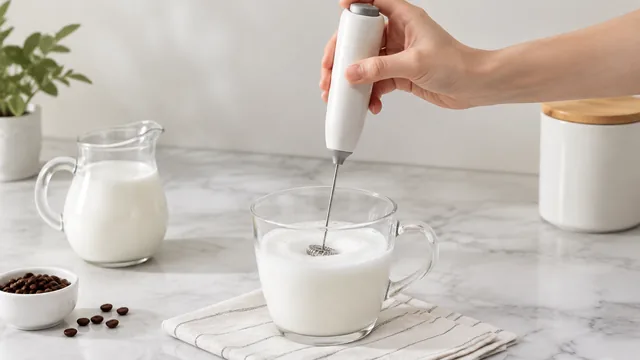 Handheld milk frother foaming milk in a glass cup.