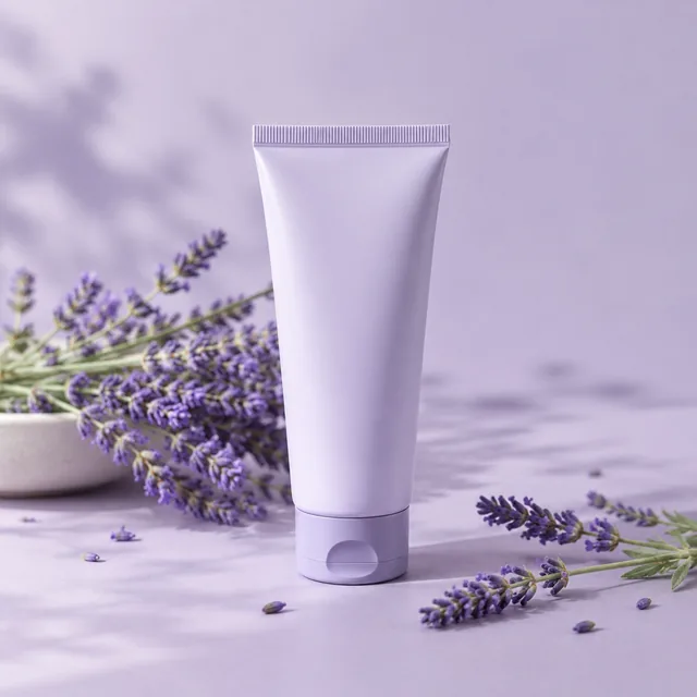 Hand cream tube with lavender sprigs on a soft purple surface.