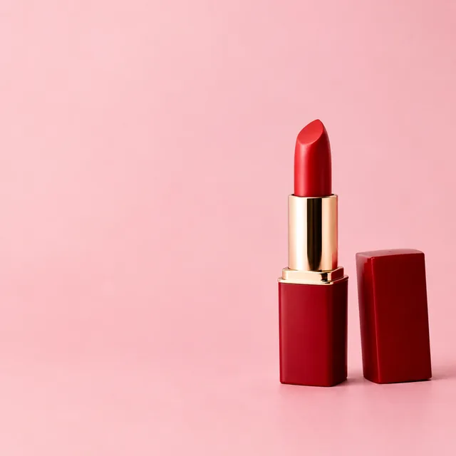 Red lipstick on a pink backdrop with open space on the left.