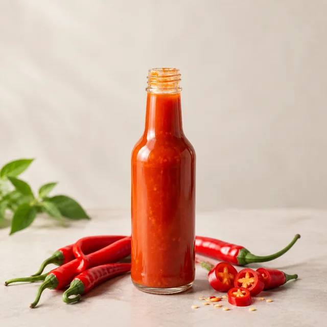 Hot sauce bottle with fresh chilies and open space at the top.