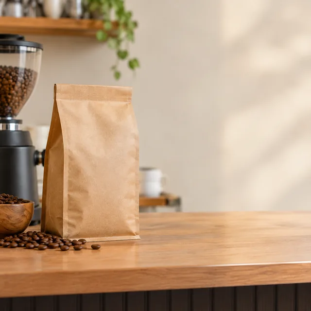 Coffee bag on a cafe counter with open space on the right.