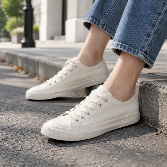 Canvas sneaker on a city curb.