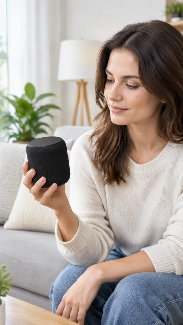 Adult holding a matte black smart speaker in a bright living room, lips closed.