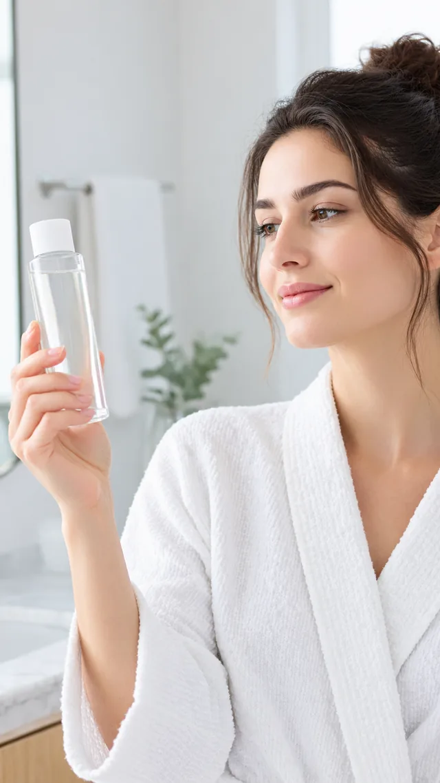 Adult holding a toner bottle at eye level in a bright bathroom, lips closed, gentle smile.