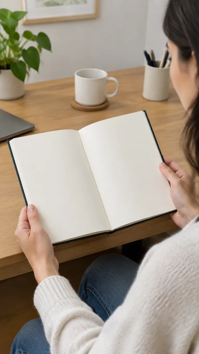 Adult holding an open hardcover planner with blank pages at a home desk, lips closed.