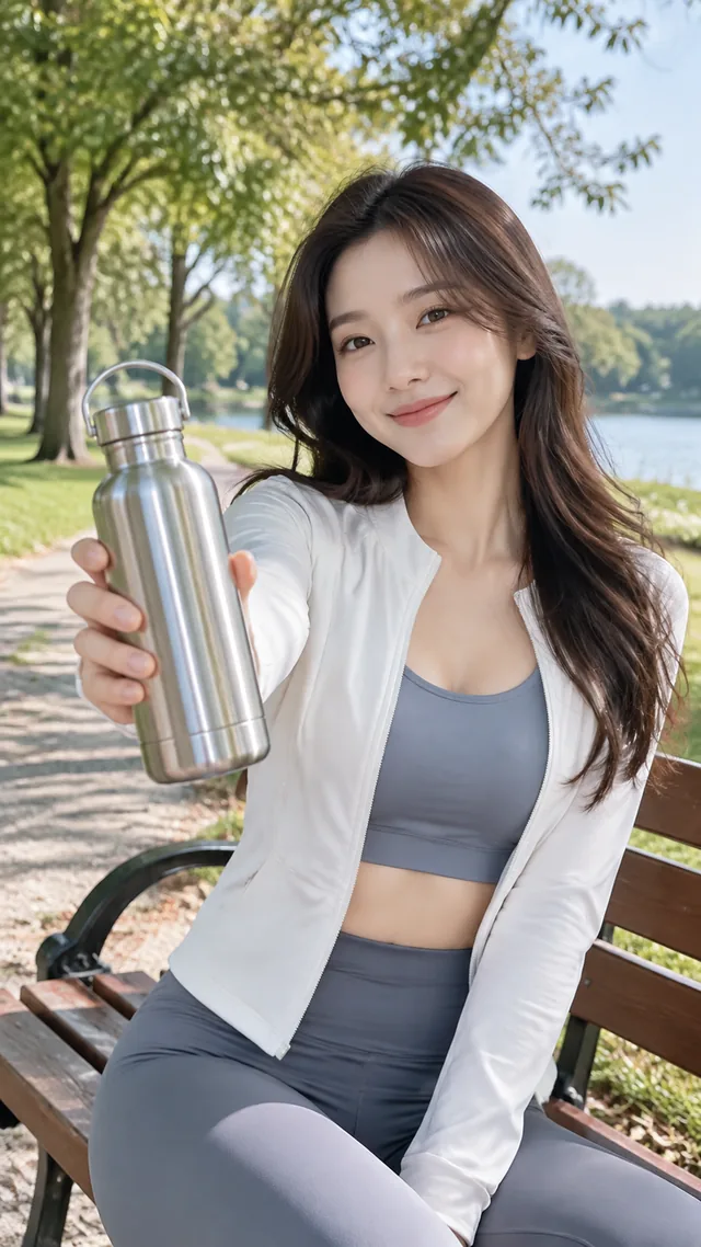 Smiling woman beside a park bench holding a steel water bottle toward the camera.