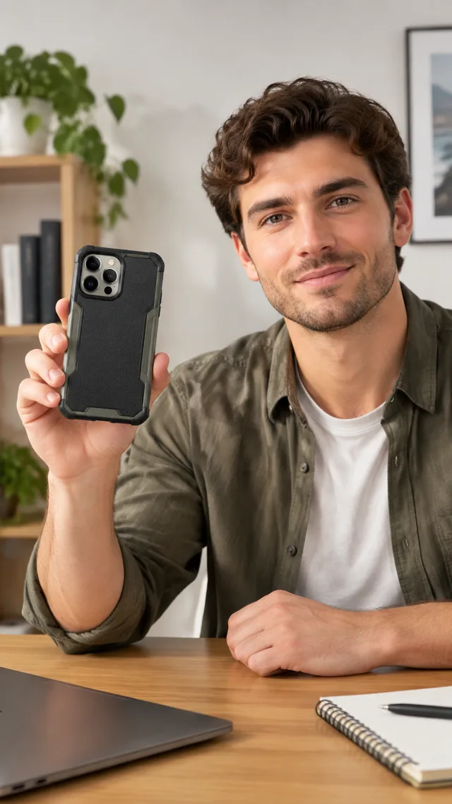 Man at a desk turning a phone case toward the camera with a relaxed smile.