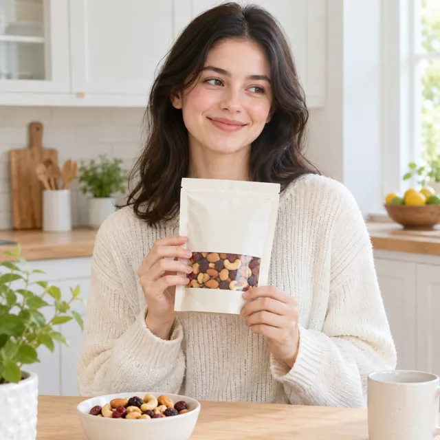 Person in a bright kitchen holding a snack pouch at chest height, smiling.