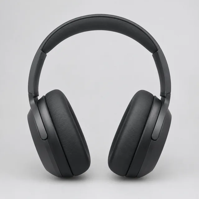 Over-ear headphones, straight-on front view on a light gray studio sweep.