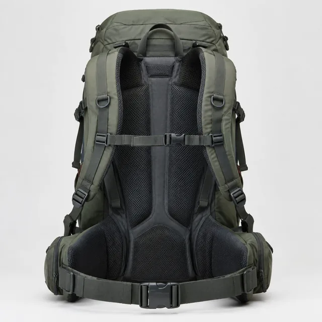 Hiking backpack turned to show the back panel and shoulder straps, studio.