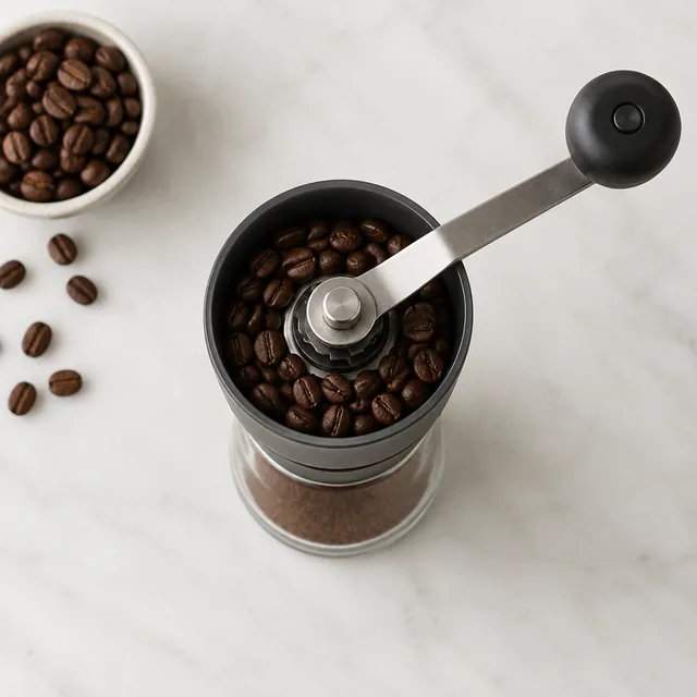 Burr coffee grinder photographed from directly above, studio.