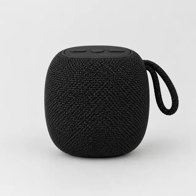 Portable speaker front view on a light gray backdrop.