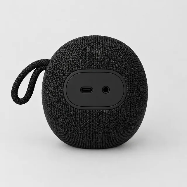 The same portable speaker turned to show the ports on its back.