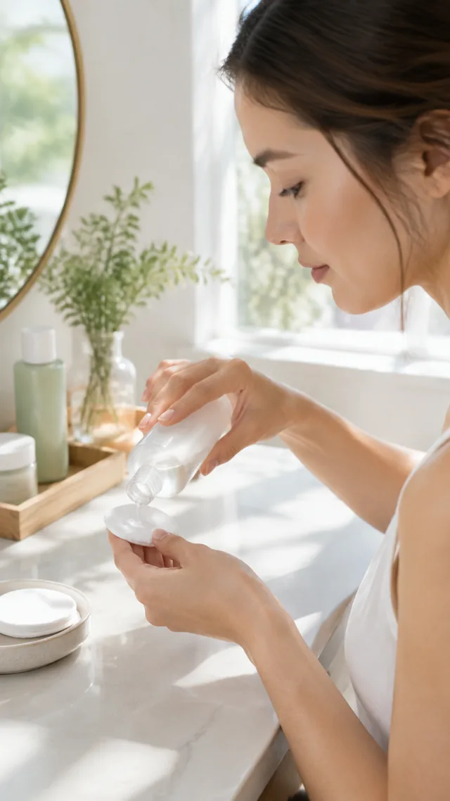 Hydrating toner patted onto a cotton pad at a sunny vanity.
