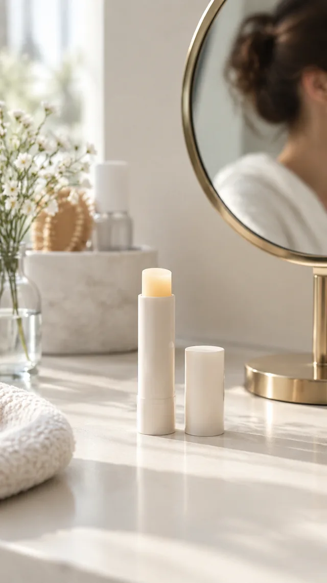 Lip balm tube on a vanity next to a round mirror, morning routine.