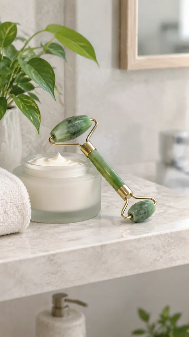 Jade face roller resting beside a jar of cream on a bathroom shelf.