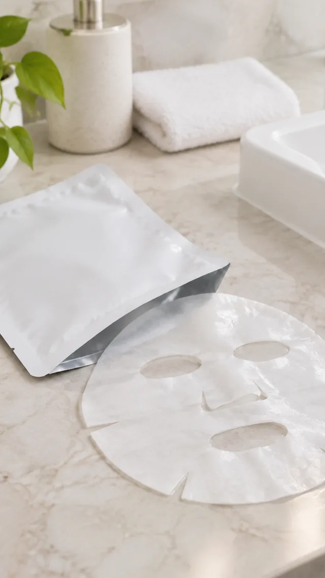 Sheet mask pouch with opened on a bathroom counter.