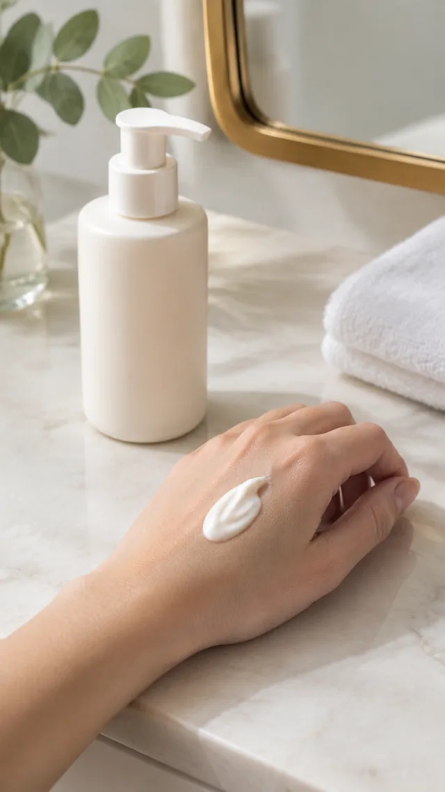 Cream pumped onto the back of a hand beside a mirror and folded towel.