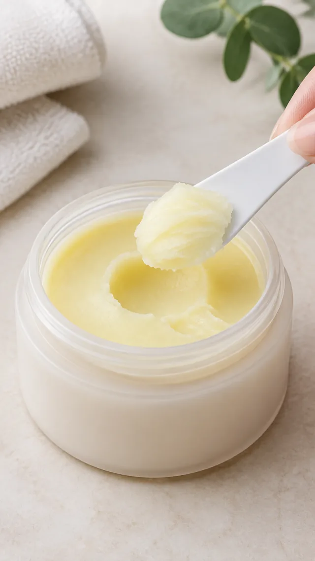 Cleansing balm scooped from its jar with a small spatula.