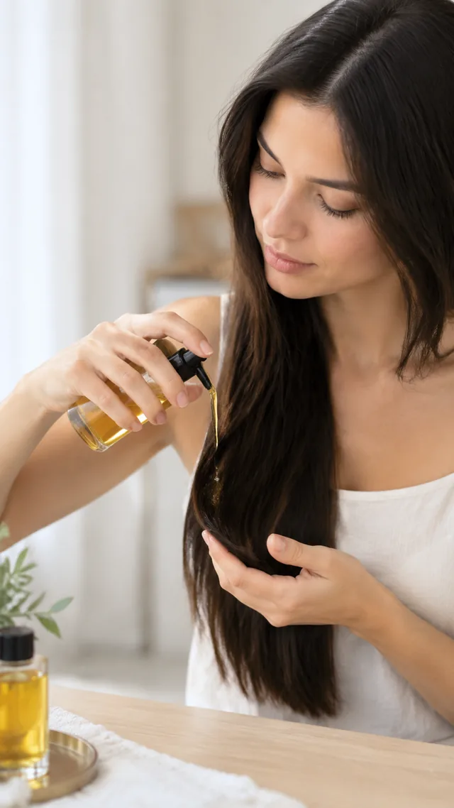 Hair oil worked through the ends of long hair.