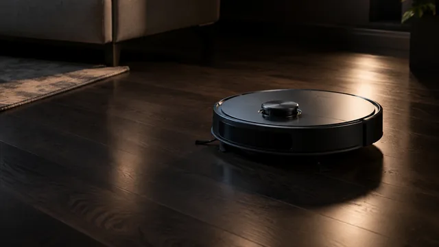 Robot vacuum on a dark wood floor under dramatic low light.