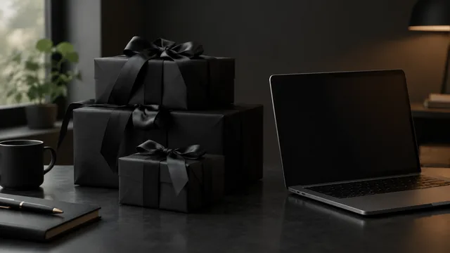 Black gift boxes with ribbons stacked beside a laptop under dark lighting.