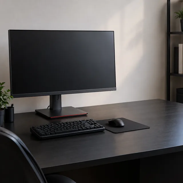 Gaming monitor on a dark desk with open space at the side.
