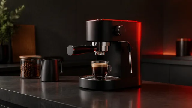 Espresso machine with a red rim light in a dark kitchen.