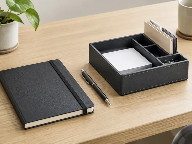 Desk set of notebook, pen and organizer tray in one frame.