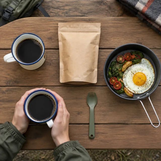 Top-down layout of a camping breakfast kit: enamel mugs, coffee pouch, spork and small pan.