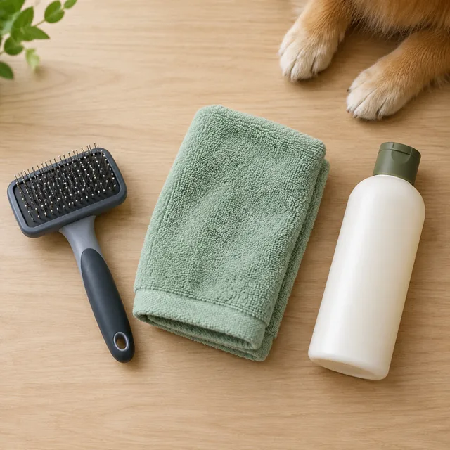 Pet grooming kit with a brush, a towel and a shampoo bottle laid out apart.