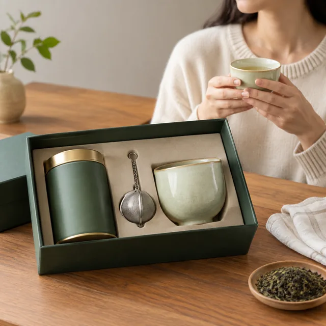 Tea gift set with a tin, an infuser and a cup.