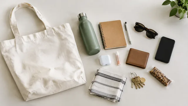 Tote bag with its everyday contents spread out beside it.