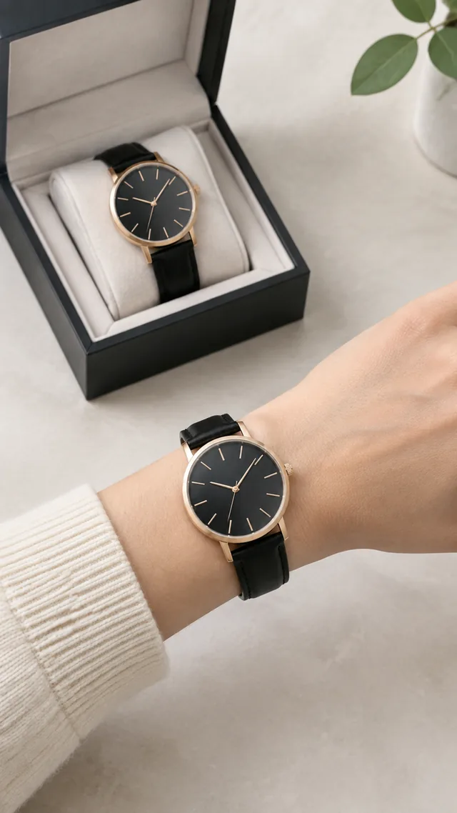 Wristwatch out of its open box and worn on the wrist.